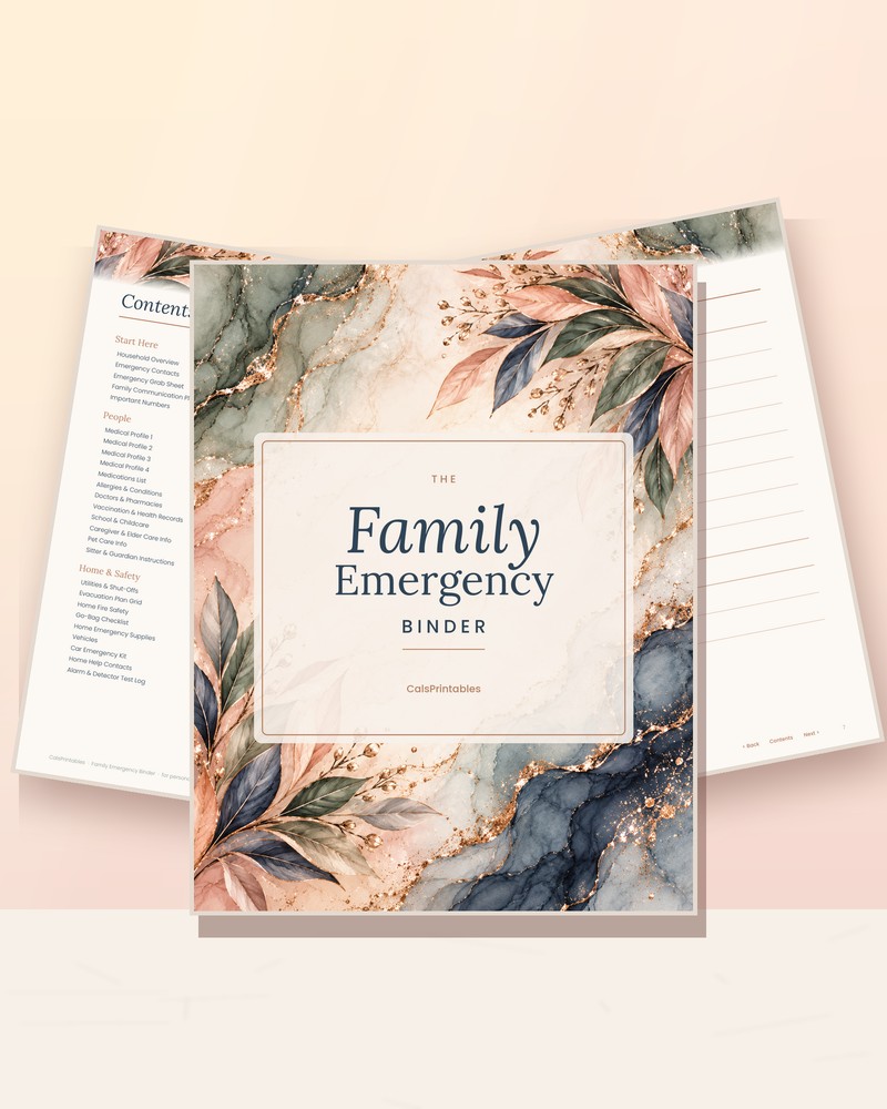 Family Emergency Binder printable pages mockup