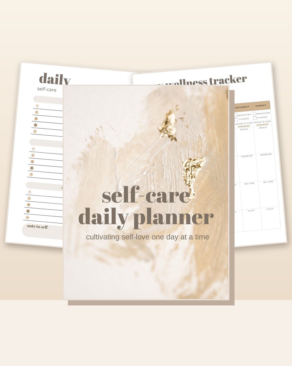 Neutral Gold Self-Care Daily Planner cover and sample pages